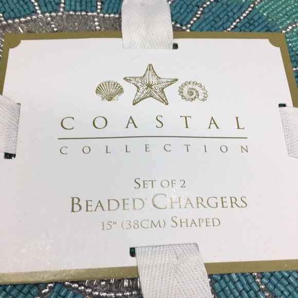 x4 Coastal Collection Beaded Abalone Shell Placemat Set Ocean Blue Silver Beach - Picture 4 of 9